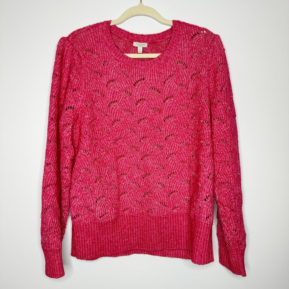 Talbots Pointelle Puff Sleeve Knit Sweater Top Berry Pink White XL